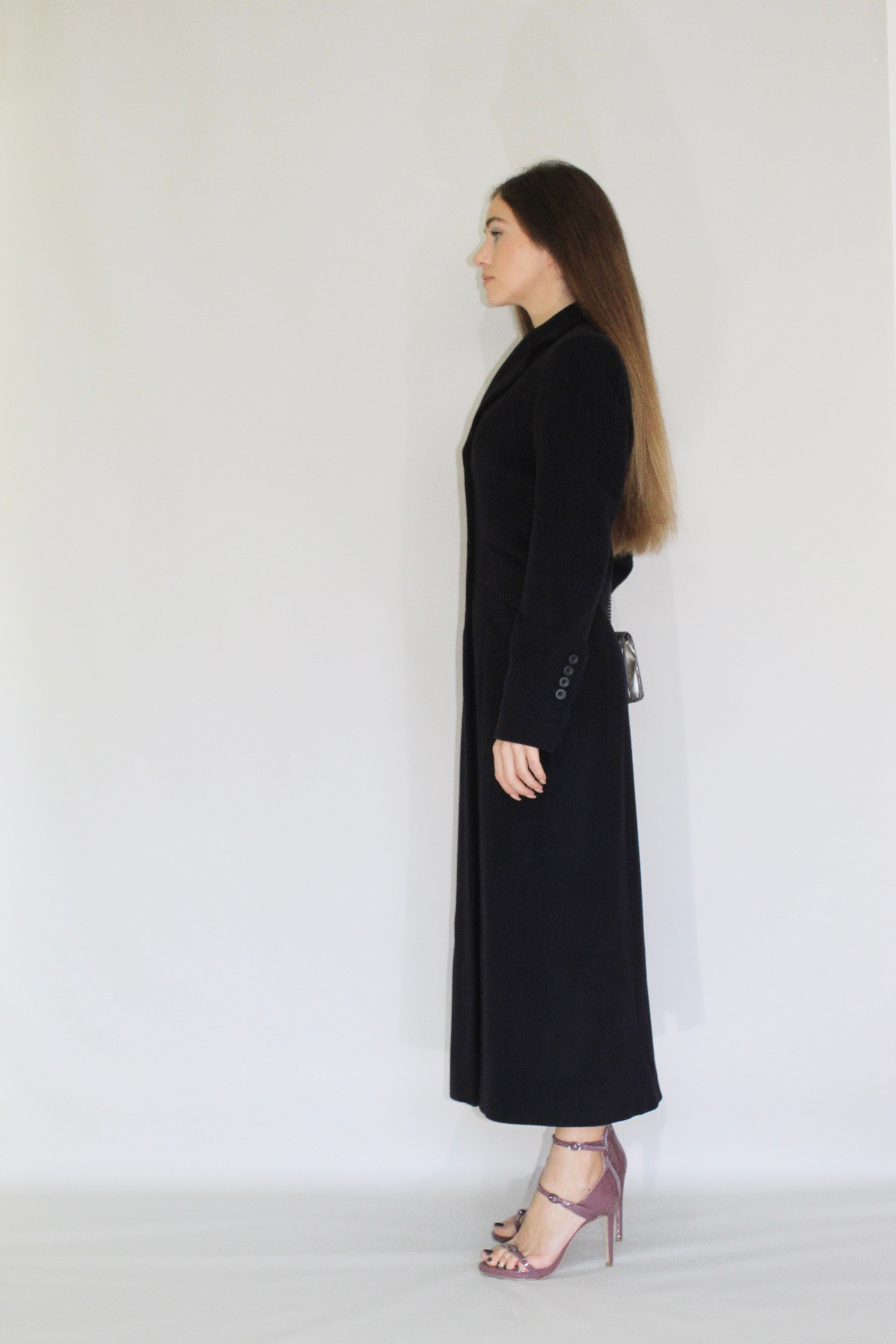 Long Tailored Wool Coat with Button Detailing