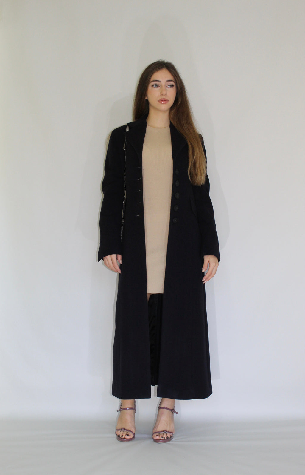Long Tailored Wool Coat with Button Detailing