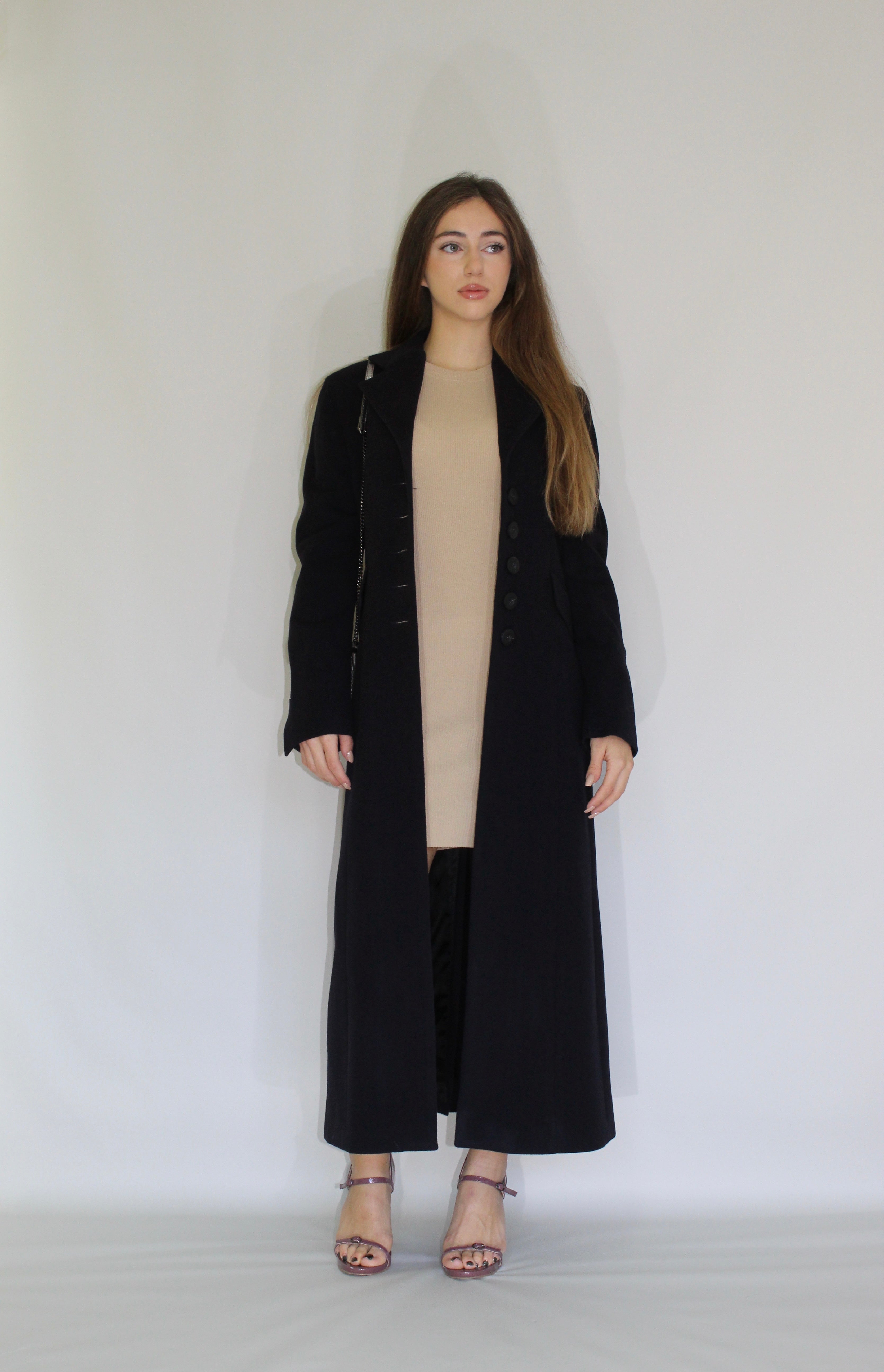 Long Tailored Wool Coat with Button Detailing