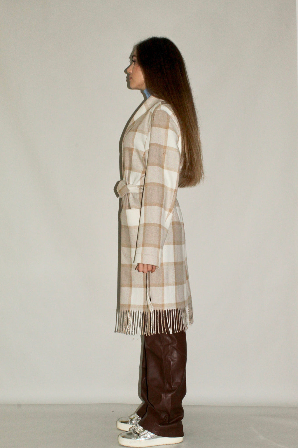 Plaid Wool Coat with Fringe Hem