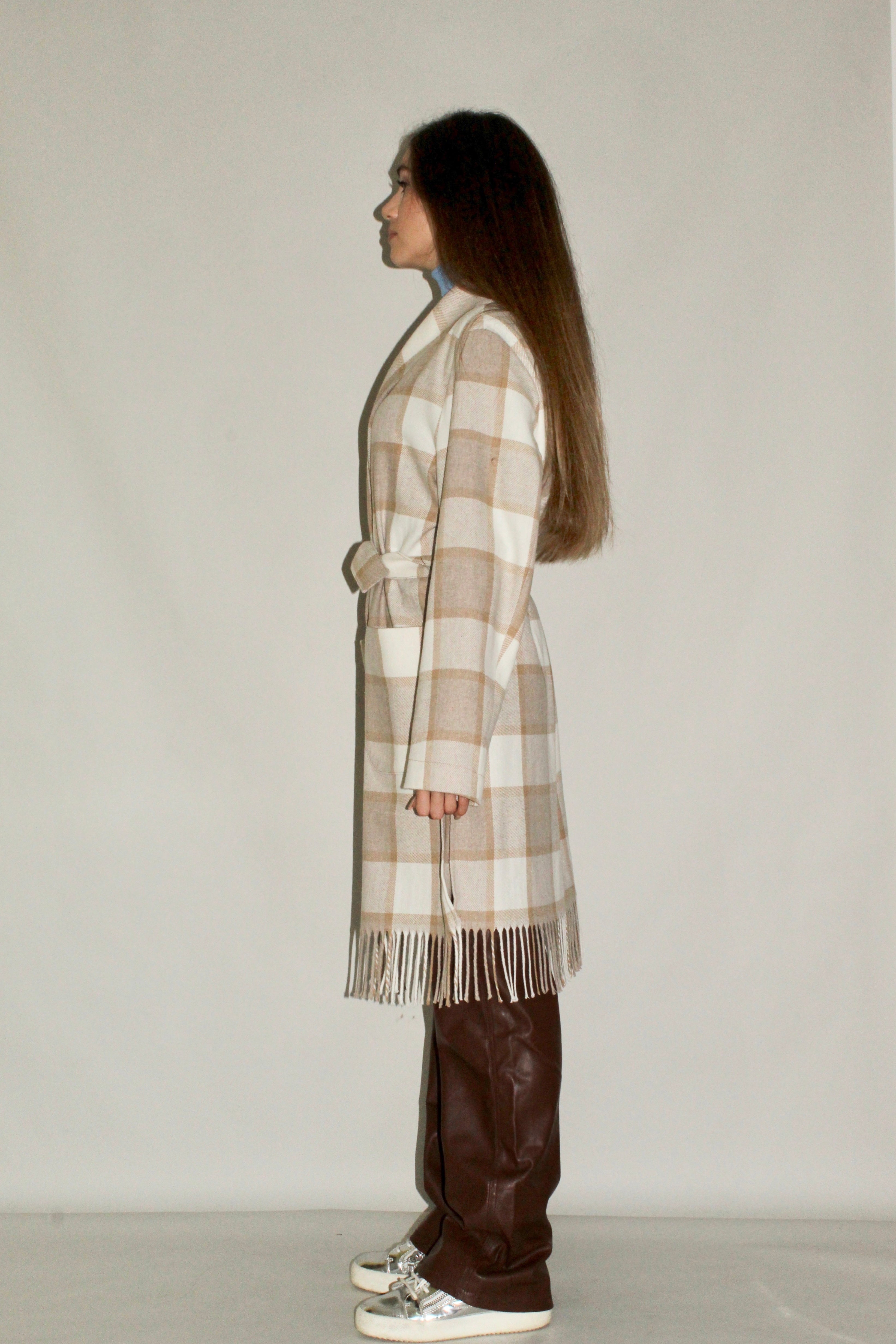 Plaid Wool Coat with Fringe Hem
