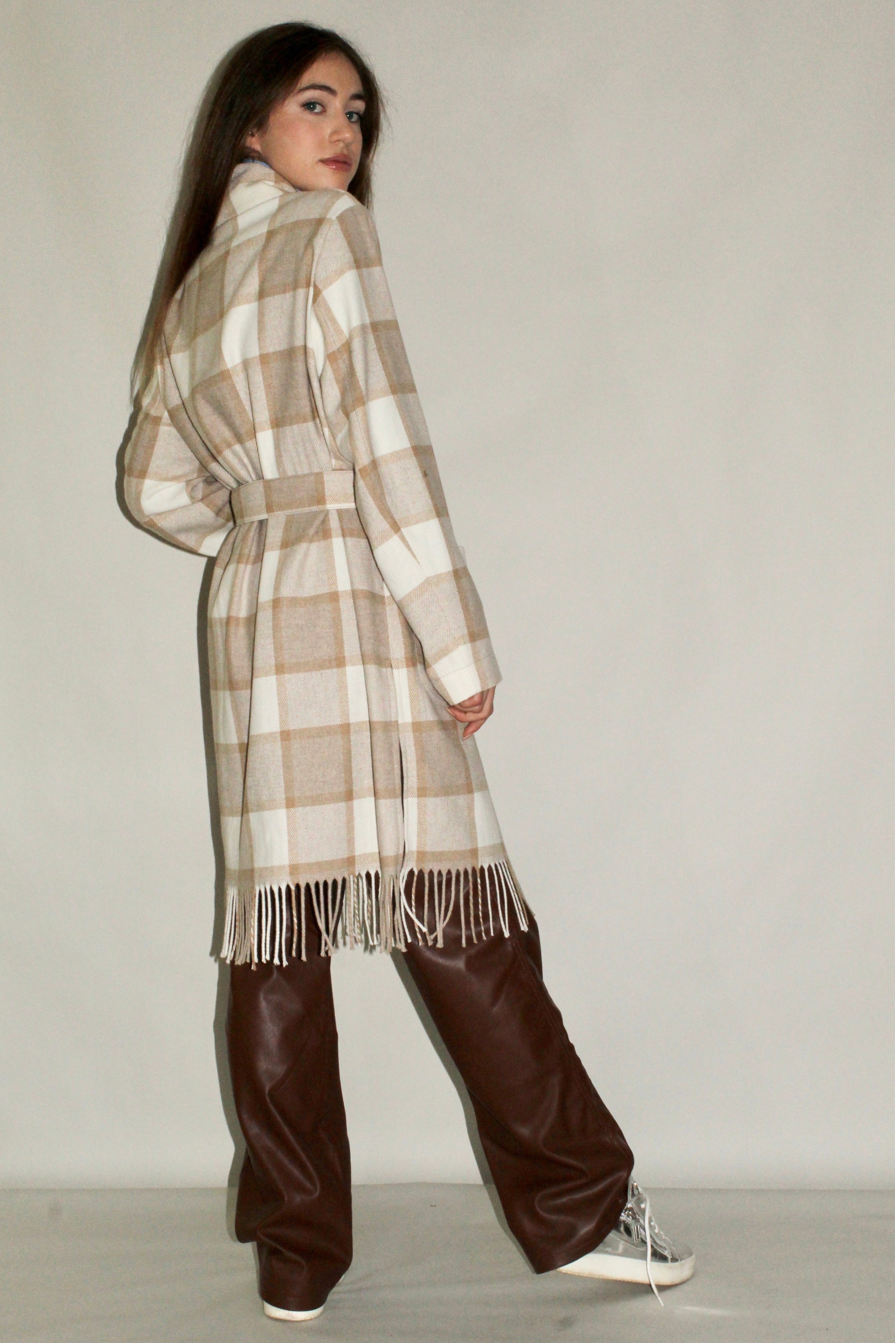 Plaid Wool Coat with Fringe Hem