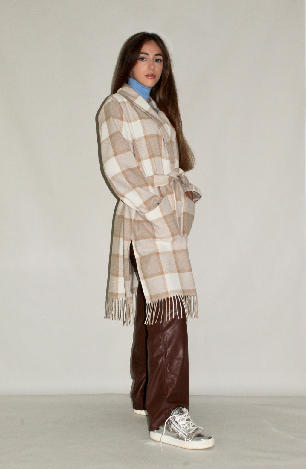 Plaid Wool Coat with Fringe Hem