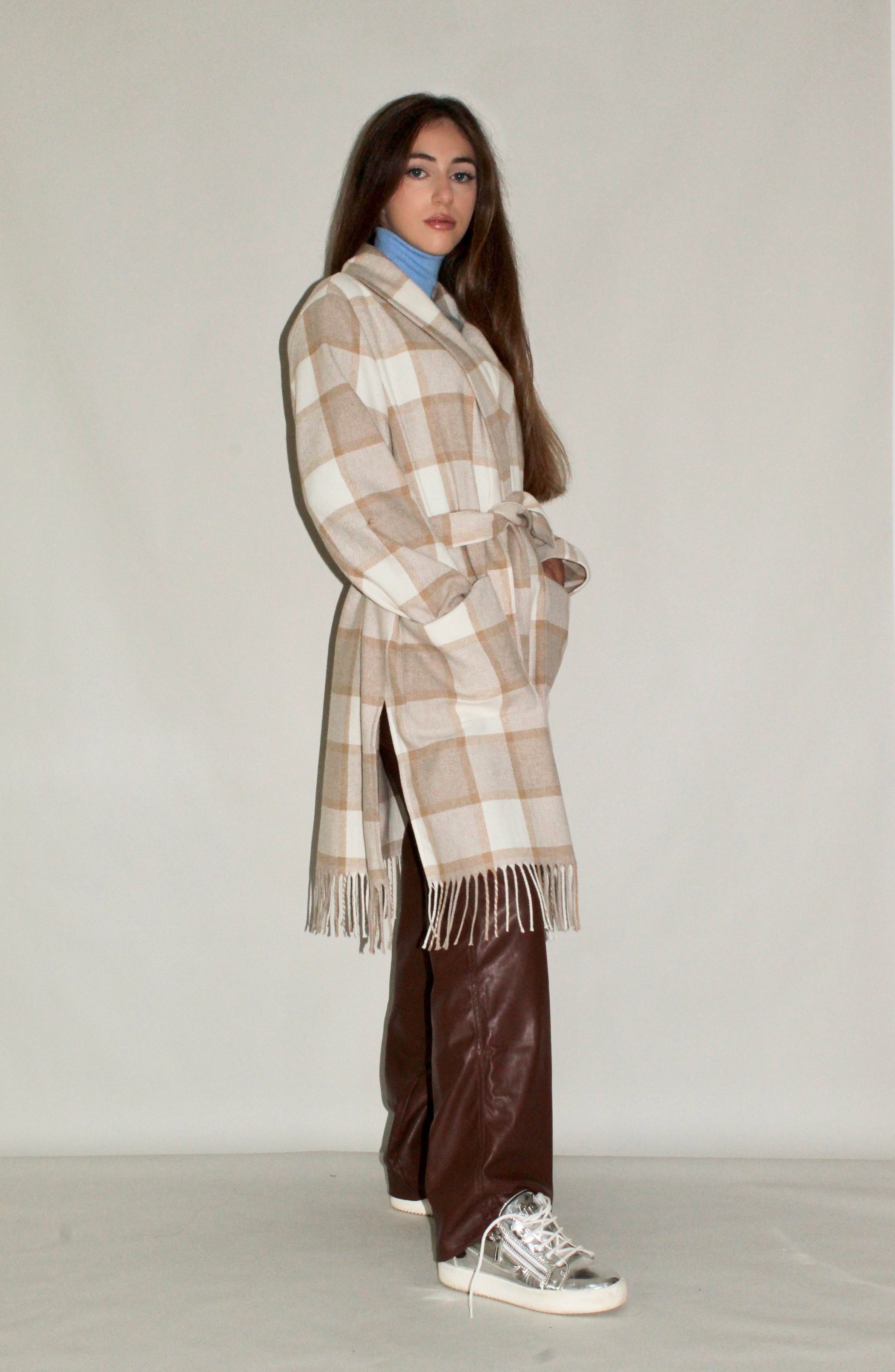 Plaid Wool Coat with Fringe Hem