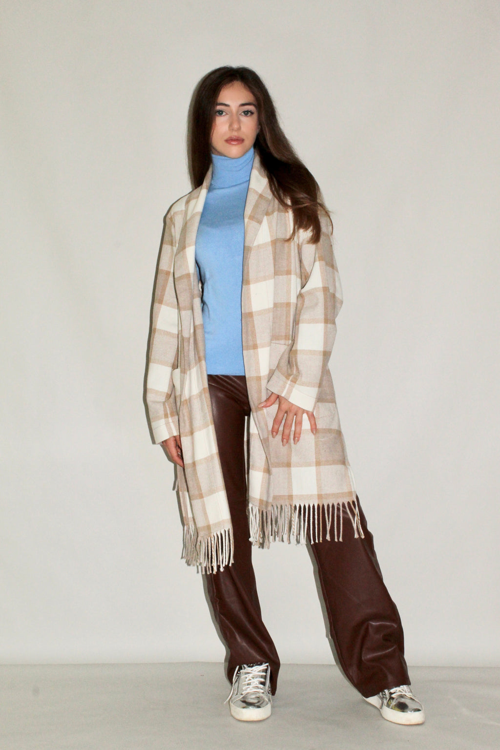 Plaid Wool Coat with Fringe Hem