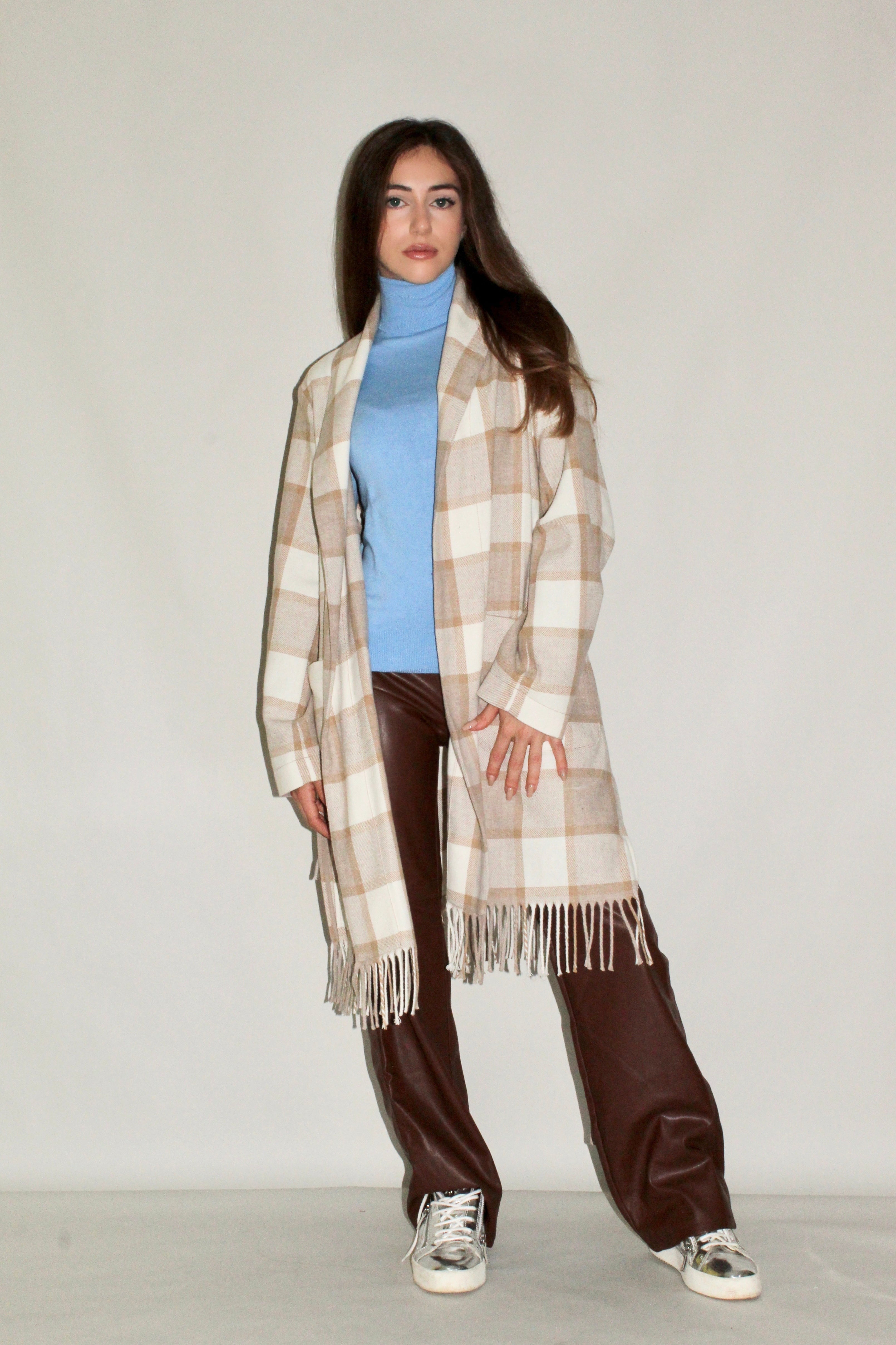 Plaid Wool Coat with Fringe Hem