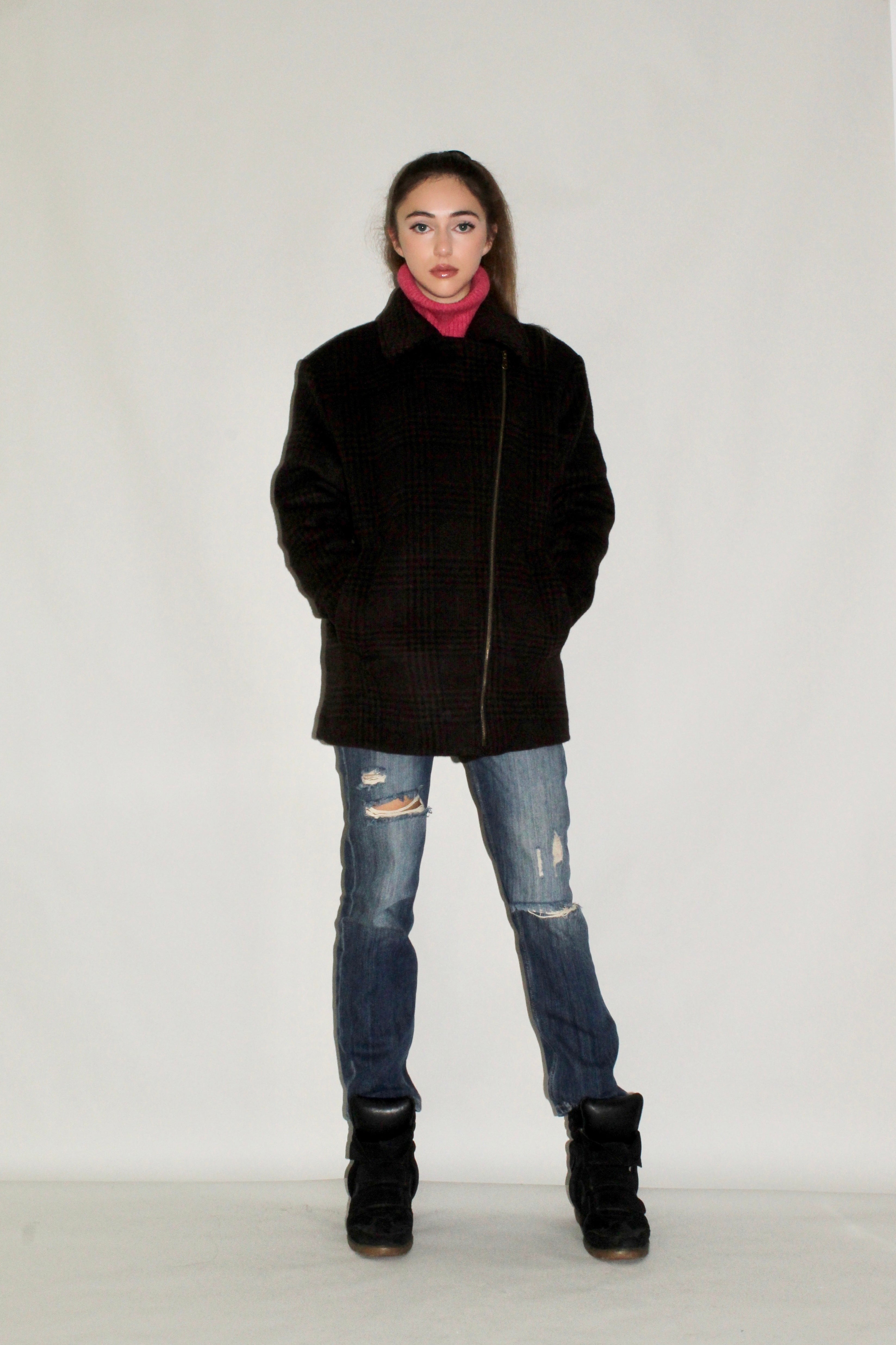 Short Checked Wool Coat