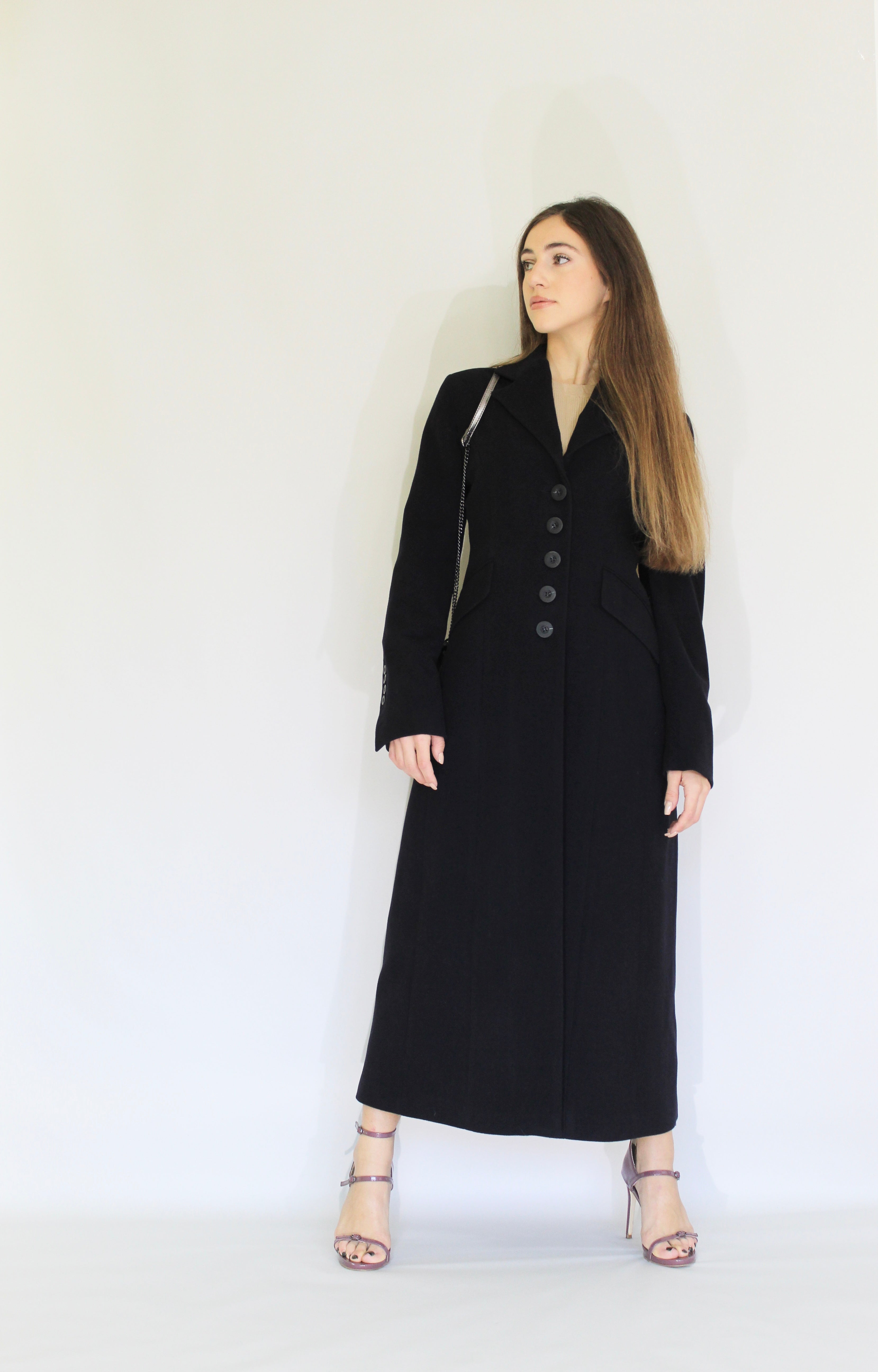 Long Tailored Wool Coat with Button Detailing