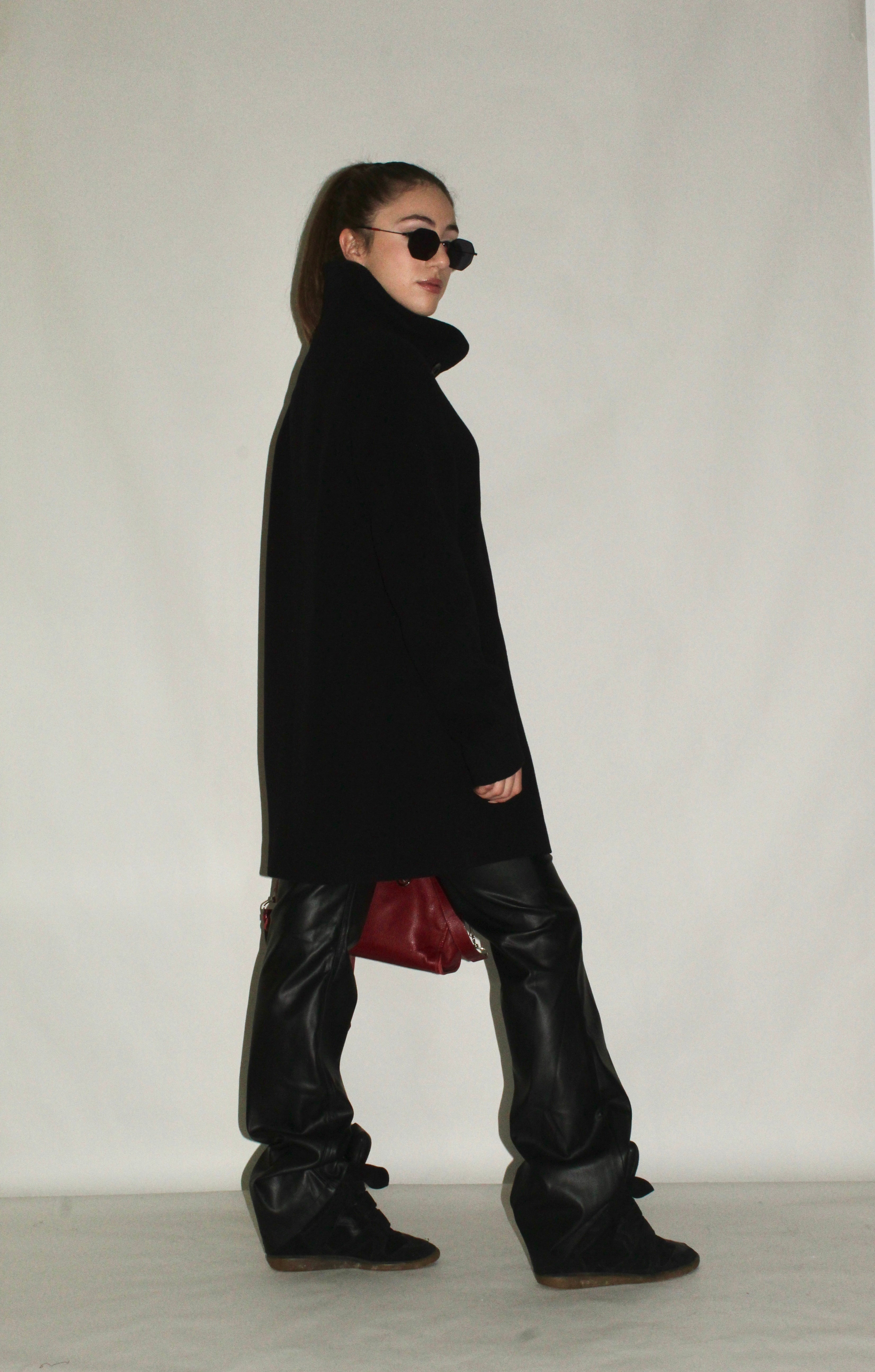 Raised-Neckline Wool Coat With Hidden Buttoning