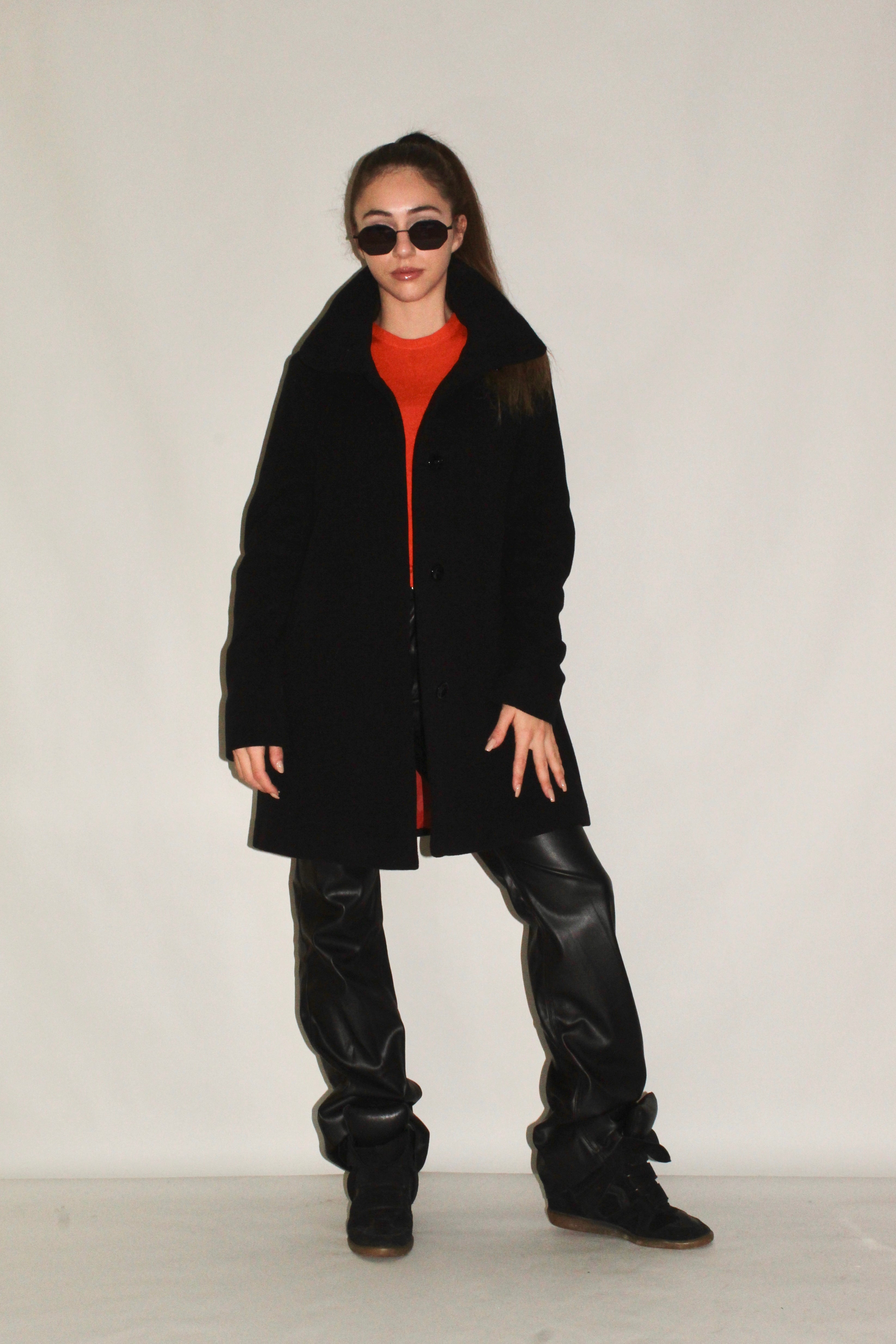 Raised-Neckline Wool Coat With Hidden Buttoning