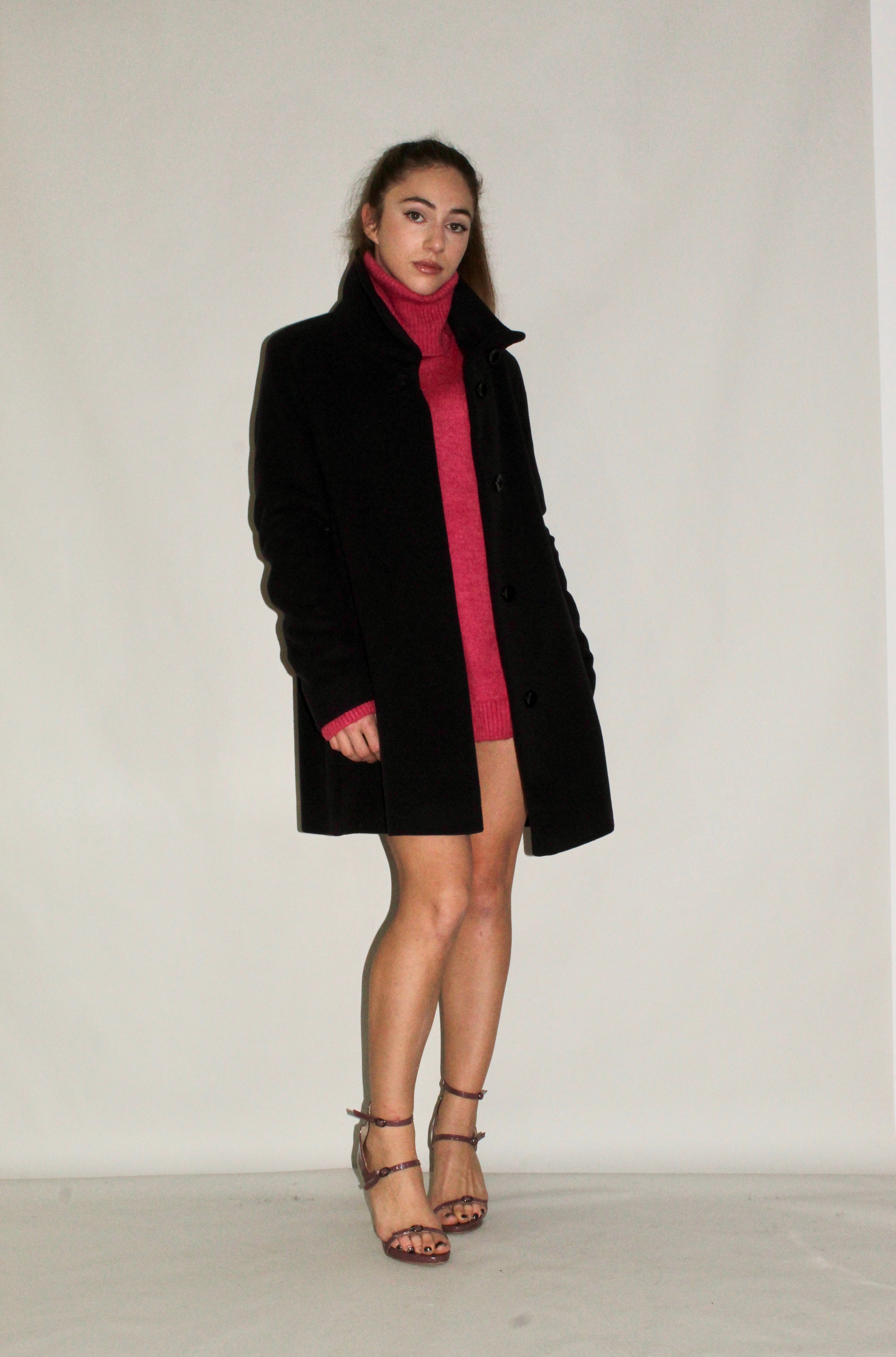 Raised-Neckline Wool Coat With Hidden Buttoning