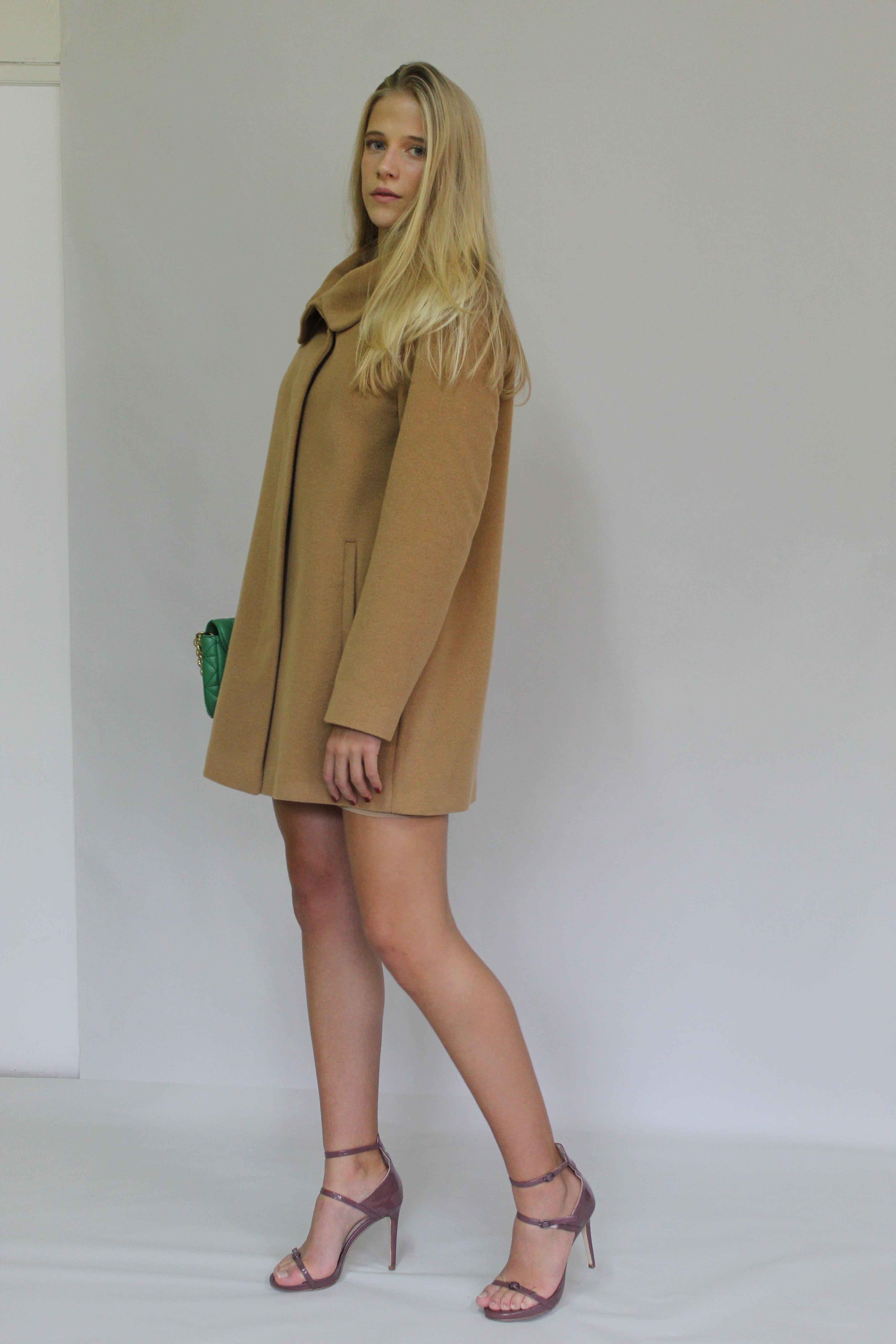 Raised-Neckline Wool Coat With Hidden Buttoning